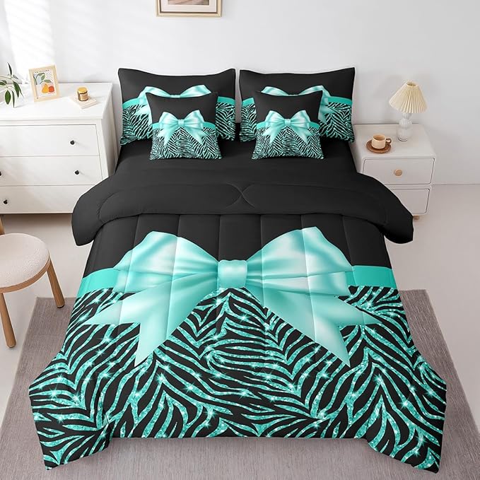 Feelyou Teal Bowknot 7 Piece Bedding Set Full Size Glitter Print Comforter Set with Sheets for Kids Girls Adult Cute Bowknot Bed in a Bag Black Silver Bed Set