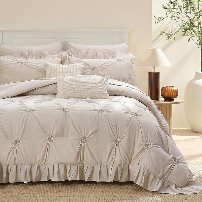 Bedbay Beige Ruffle Comforter Set Queen Size Ruched Bedding 9 Pcs Queen Bed in a Bag Pintuck Pinch Pleat Bedding Set Elegant Ruffle Farmhouse Boho Comforter Bed Set for All Seasons