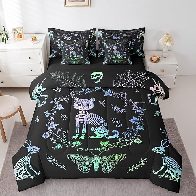 Castle Fairy Cute Cat Bedding Set 7 Pieces,Exotic Animals Skeleton Comforter Set with Sheets for Kids Teens Bedroom Decor,Butterfly Boho Flowers Leaves Bed Set in a Bag with Pillow Covers,Twin