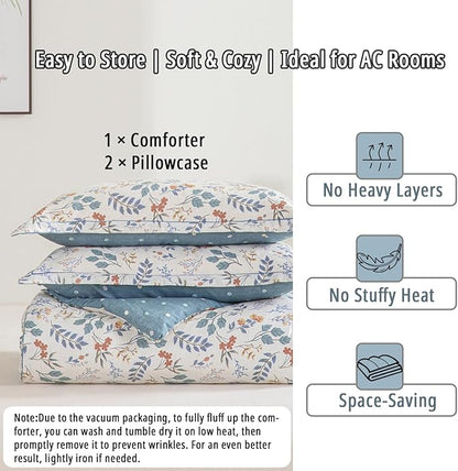 Botanical Cotton Comforter King Size - Lake Green Comforter with Dusky Blue & Warm Rust Leaves on Ivory,Reversible Lightweight Bedding Sets 3Pcs(Polka Dot)