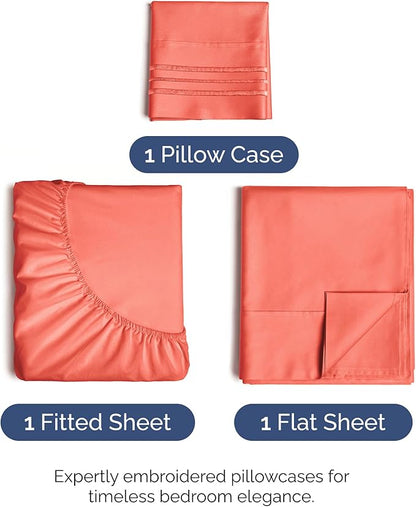Twin Size 3 Piece Sheet Set - Comfy Breathable & Cooling Bed Sheets Set - Hotel Luxury Bedding for Women, Men, Kids, Teens, Boys & Girls - Deep Pockets, Ultra-Soft and Wrinkle Free - Oeko-Tex - Coral