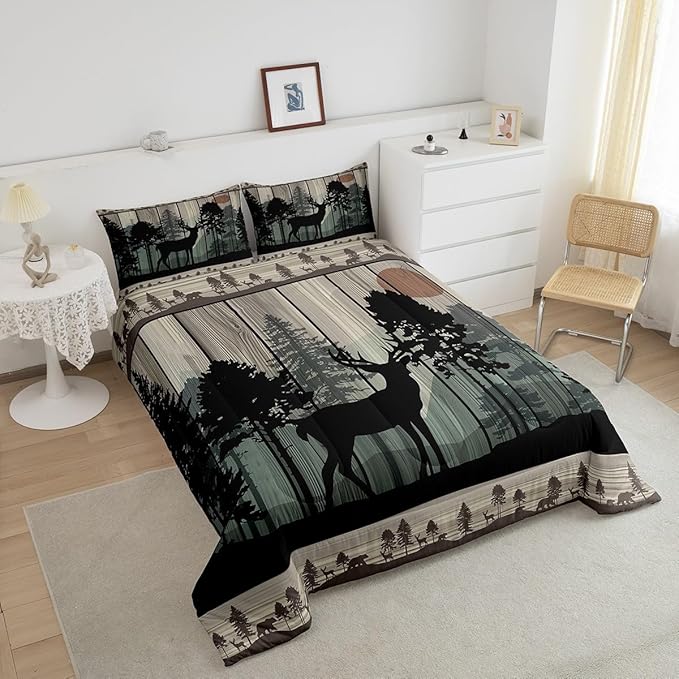 Feelyou Canbin Deer Comforter Set for Girls Boys Kids Deer Hunting Bedding Set Room Decor Rustic Farmhouse Bedding Set Wild Animal Brown Duvet Set Toddler Size 2Pcs Quilt Set