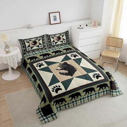Erosebridal Black Bear Queen Comforter Set Western Bedding Set Patchwork Geometric Triangle Lattice Quilt Woodland Wildlife Bear Paw Print Duvet Insert,Green Checkered Buffalo Plaid Decor