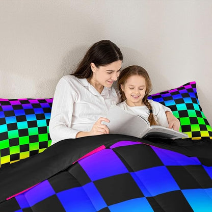 Feelyou Multicolored Checkered Retro Kids Comforter Set Twin Size Geometric Vintage Bedding Set Colorful Duvet Quilt for Kids Boys Girls Bedroom Modern Groovy Aesthetic Decor