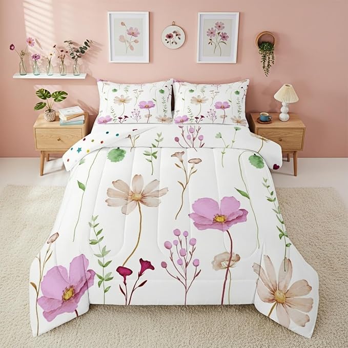 Erosebridal Watercolor Flower Comforter Set Queen, Pink Beige Floral Bedding Set for Kids Teens Adult Women Bedroom, Modern Minimalist White Quilt Branches Pastoral Duvet Insert with 2 Pillow Cases