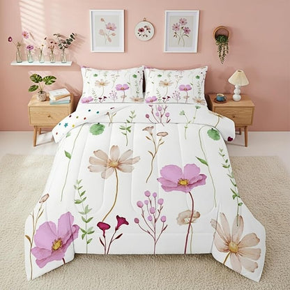 Erosebridal Watercolor Flower Comforter Set Queen, Pink Beige Floral Bedding Set for Kids Teens Adult Women Bedroom, Modern Minimalist White Quilt Branches Pastoral Duvet Insert with 2 Pillow Cases