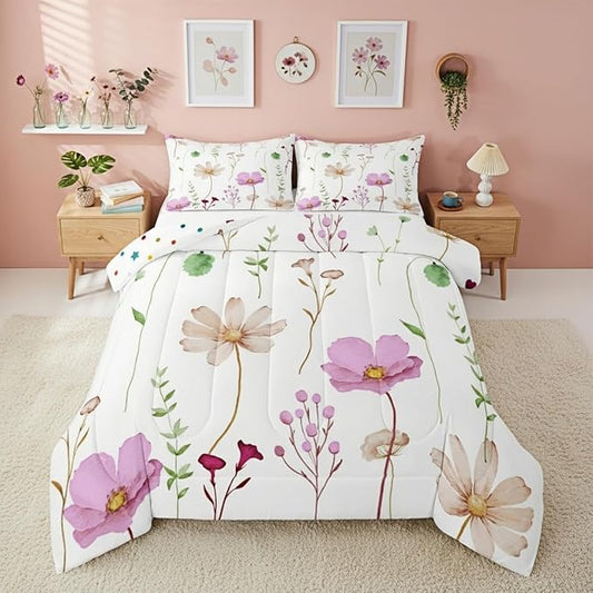Erosebridal Watercolor Flower Comforter Set Queen, Pink Beige Floral Bedding Set for Kids Teens Adult Women Bedroom, Modern Minimalist White Quilt Branches Pastoral Duvet Insert with 2 Pillow Cases