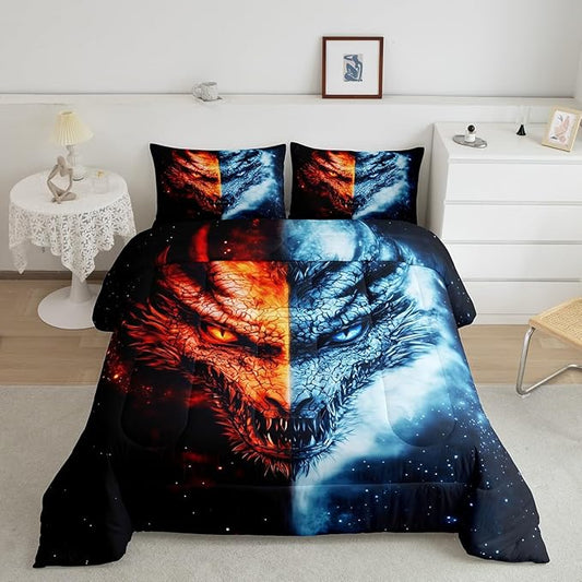 Manfei Dragon Bedding Comforter Sets Full,Western Exotic Animal Ice and Fire Bedding Set for Bedroom Decoration,Wildlife Retro Dragon with 1 Comforter and 2 Pillow Cases Bedroom Decor