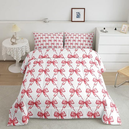 Feelyou Red Bow Comforter Set King Size Cute Bowknot Bedding Set Boys Girls Bow and Stripes Comforter for Kids Women Men Kawaii Duvet Set 3Pcs