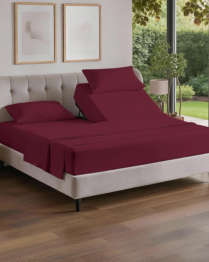 Split Head King Sheet Set – 4 Piece Flex Split Top King Sheets for Adjustable Beds - Fits 14” to 16" Mattress w/ Deep Pockets - Soft, Breathable & Cooling - Luxury Bedding and Wrinkle Free - Burgundy