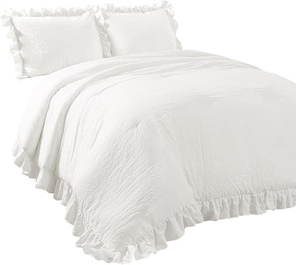 Lush Decor Reyna Ruffle Comforter Set - 3 Piece King Size Ruffle Comforter Set - Elegance for Bedroom - King, Pure White