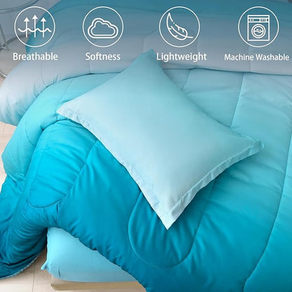 Anibedding 7 Pieces Teal King Comforter Set Lightweight Gradient Teal Green Bed in a Bag Set, All Season Ombre Complete Bedding Set with Flat/Fitted Sheet, 2 Pillowcases and 2 Pillow Shams