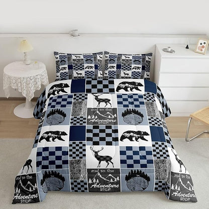 Adult Cabin Comforter Set Queen, Retro Rustic Lodge Bedding Set Bear Deer Elk Duvet Insert Country Checkered Buffalo Plaid Patchwork Down Comforter Christmas Deer Decorations Indoor, Blue Grey