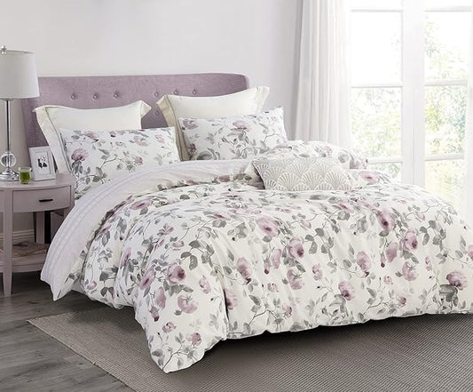 SLEEPBELLA Comforter King Size, 600 Thread Count Cotton White Print with Purple Flowers Reversible Comforter Sets, Down Alternative Bedding Set 3Pcs(King, Purple Floral)
