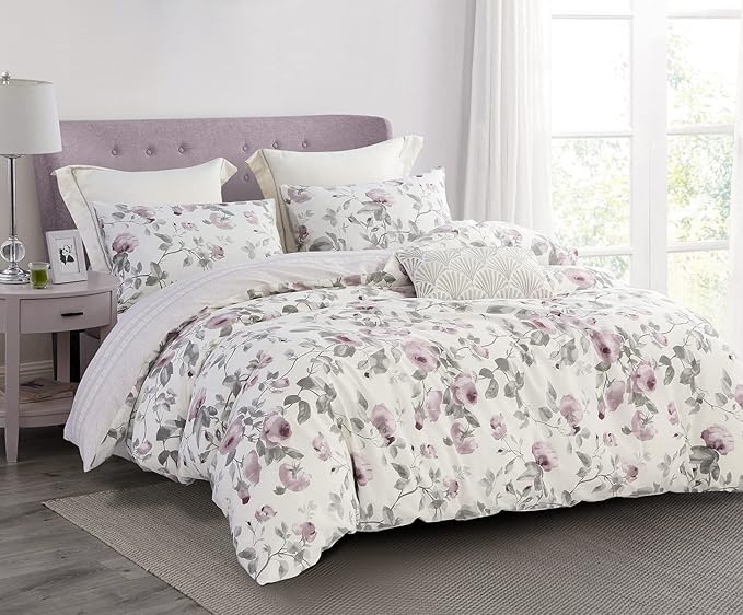 SLEEPBELLA Comforter Twin Size, 600 Thread Count Cotton White Print with Purple Flowers Reversible Comforter Sets, Down Alternative Bedding Set 2Pcs(Twin, Purple Floral)