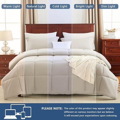 CozyLux King Size Comforter Set - Beige Comforter King Size, 3 Pieces Box Stitched Bed Set for All Seasons, Soft Lightweight Bedding Sets with 1 Down Alternative Comforter and 2 Pillow Shams