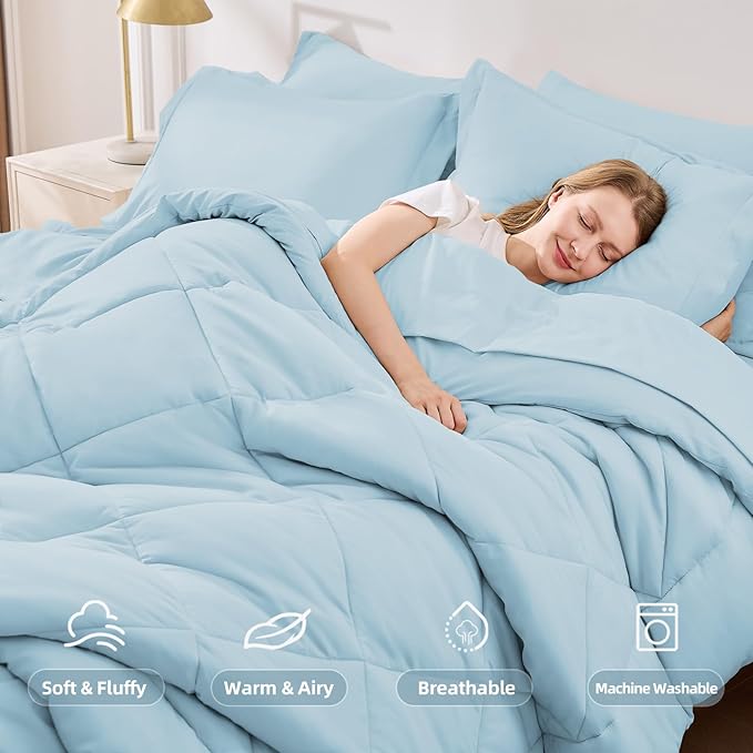 FUANNA 7 Pieces Queen Comforter Set, All Season Bed in a Bag Queen Size, Luxury Soft Bedding Sets with Comforter, Flat Sheet, Fitted Sheet, Pillowcases & Pillow Shams, Light Blue