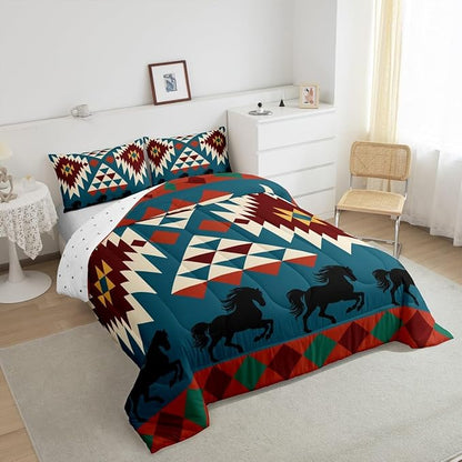 Erosebridal Western Comforter Set - Boho Western Bedding King, Farm Animals Quilt, Aztec Duvet Insert, Rustic Farmhouse Bedroom, Southwestern Decor, Red Blue
