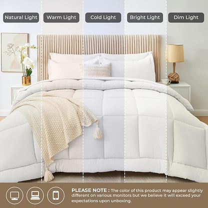 Sasttie King Size Comforter Set, 7 Pieces Bed in a Bag King, Complete Bedding Set Includes Comforter, Flat Sheet, Fitted Sheet, Pillowcases and Pillow Shams, Ivory