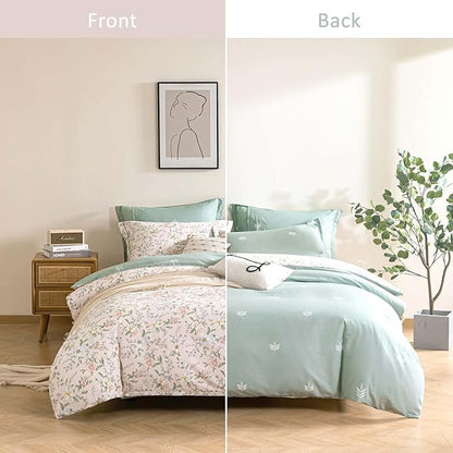 Faded Blush Floral Cotton Comforter Queen Size - 3PC Lightweight Bedding Sets with Soft Alternative Fill, Vintage-Inspired Delicate Botanical Patterns, Muted Sage Reversible Design