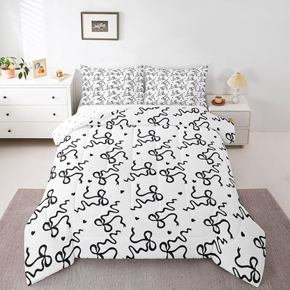Castle Fairy Bow Love Heart Print Comforter Set King Size,Black Bowknot Bedding Sets 3Pcs for Kids Girls Women Room Decor,Butterfly Tie Knot Duvet Insert Princess Girly Down Comforter,2 Pillowcases
