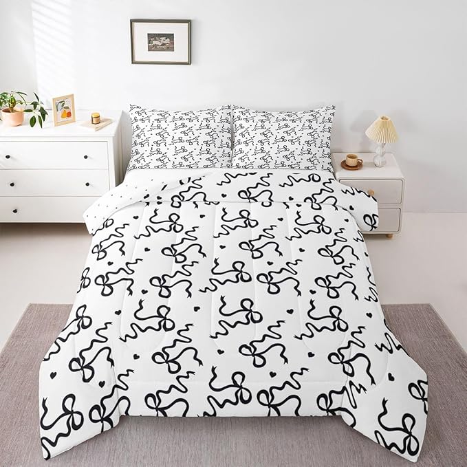 Castle Fairy Bow Love Heart Print Comforter Set Twin Size,Black Bowknot Bedding Sets 2Pcs for Kids Girls Women Room Decor,Butterfly Tie Knot Quilted Duvet Princess Girly Down Comforter,1 Pillowcase