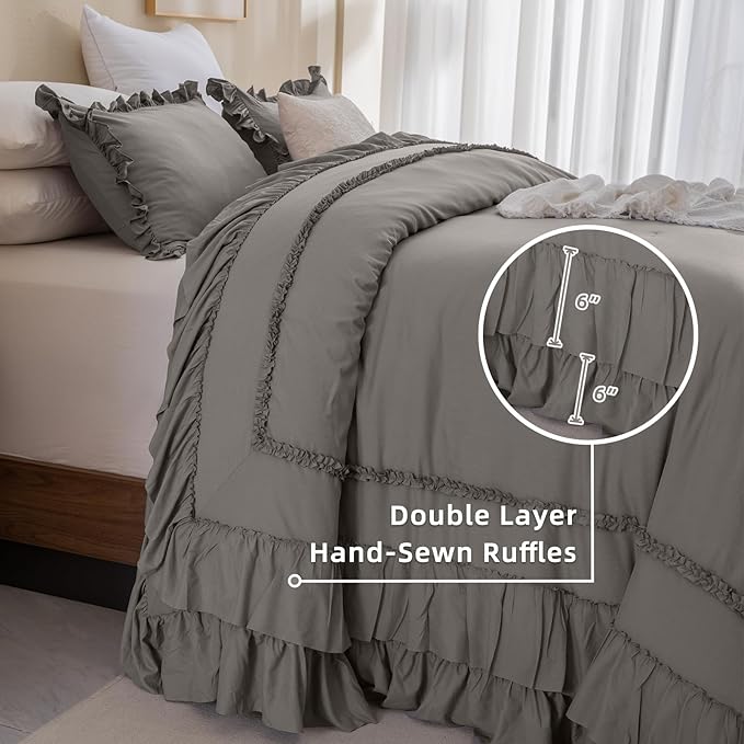 QSH Grey Oversized California King Ruffled Bed Comforter Set 128x120, Farmhouse Vintage Chic Comforter Set Gray French Country Bedding Comforter Soft Microfiber Fluffy Bedding 3 PCs