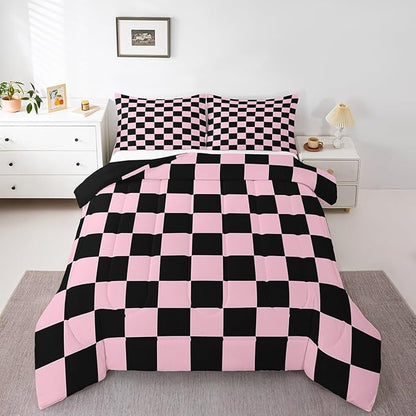 Feelyou Checkered Bedding Set Teen Women Men Pink Black Plaid Comforter Set Toddler Size Kids Boys Girls Cute Retro Neutral Checkerboard Geometric Duvet Insert Vintage Aesthetic Room Decor