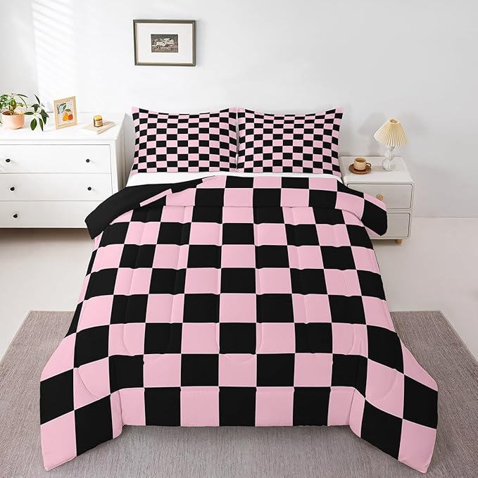 Feelyou Checkered Bedding Set Teen Women Men Pink Black Plaid Comforter Set Queen Size Kids Boys Girls Cute Retro Neutral Checkerboard Geometric Duvet Insert Vintage Aesthetic Room Decor