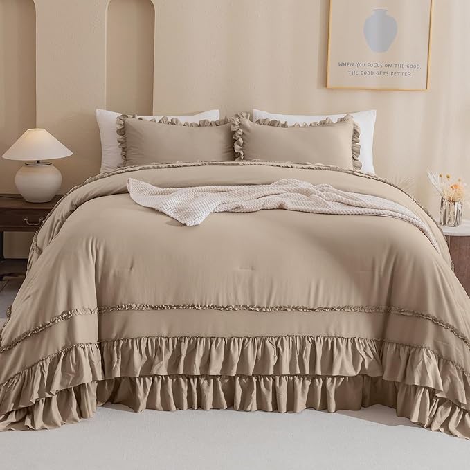 QSH 3PCs Light Taupe Oversized California King Ruffled Bed Comforter Set 128x120, Farmhouse Vintage Chic Comforter French Country Shabby Comforter Soft Microfiber Fluffy Bedding Set