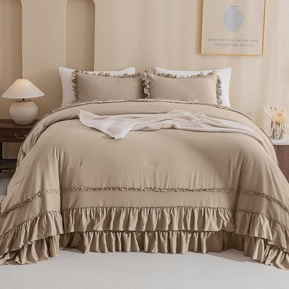 QSH 3PCs Light Taupe Oversized California King Ruffled Bed Comforter Set 128x120, Farmhouse Vintage Chic Comforter French Country Shabby Comforter Soft Microfiber Fluffy Bedding Set