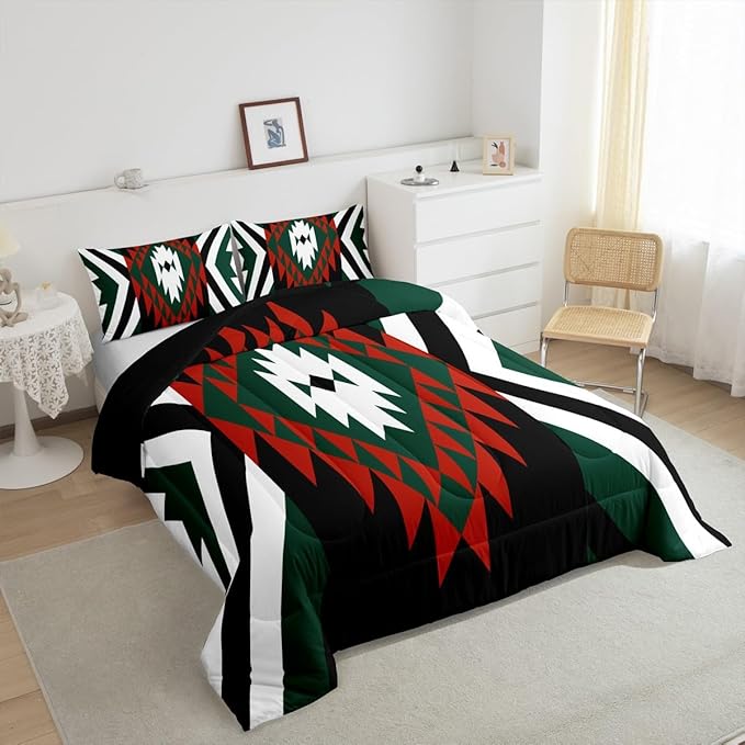 Feelyou Southwestern Aztec Tribal Comforter Set Red Green Boho Western Toddler Size Bedding Set for Kids Boys Girls Vintage Geometric Duvet Quilt