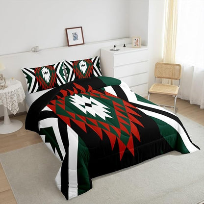 Feelyou Southwestern Aztec Tribal Comforter Set Red Green Boho Western Twin Size Bedding Set for Kids Boys Girls Vintage Geometric Duvet Quilt