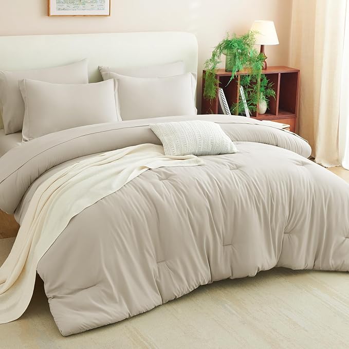 CozyLux Full Comforter Set Beige, 7 Pieces Bed in a Bag Soft Bedding Comforter Set with Sheets, All Season Boho 7PC Bed Sets with Comforter, Fitted Sheets, Flat Sheets, Pillow Shams and Pillowcases