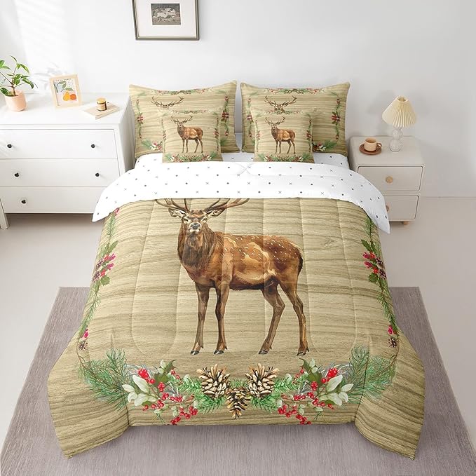 Elk Deer Bed in a Bag King Size Comforter Set 7 Pieces,Woodland Animals Bedding Sets Botanical Pinecone Sheet Set with Comforter