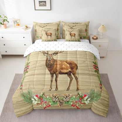 Elk Deer Bed in a Bag King Size Comforter Set 7 Pieces,Woodland Animals Bedding Sets Botanical Pinecone Sheet Set with Comforter