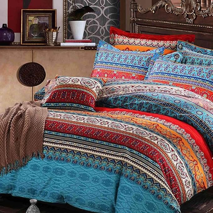 Boho Comforter Set - 3 Pieces Lightweight Exotic Yellow Orange Bohemian Mandala Colorful Retro Boho Comforter and 2 Pillowcases for All Seasons