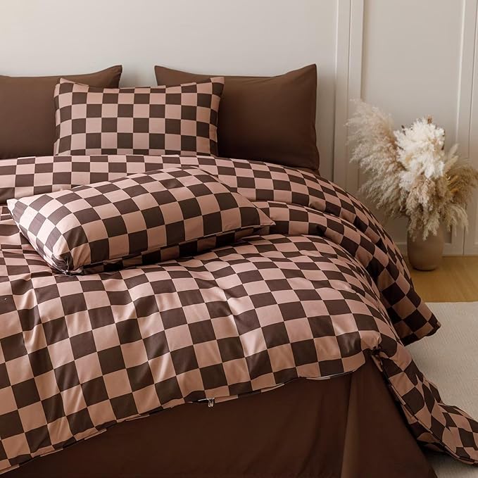 Houseri Brown Plaid Comforter Set Queen Chocolate Coffee Color Chessboard Bedding Sets Mocha Buffalo Checkered Bed Quilt Blanket Queen