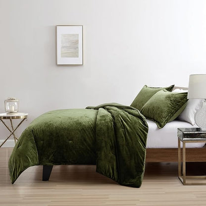 Luxury Velvet Queen Comforter Set, 3 Pieces Reversible Comforters Queen Size with 2 Pillow Shams, Brushed Solid Microfiber Back, All Season Cozy, Soft, Warm, Lightweight (Olive Green, 90x90 Inch)