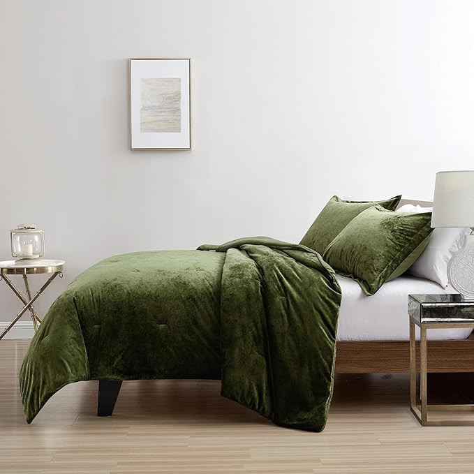 Luxury Velvet King Comforter Set, 3 Pieces Reversible Comforters King Size with 2 Pillow Shams, Brushed Solid Microfiber Back, All Season Cozy, Soft, Warm, Lightweight (Olive Green, 104x90 Inch)