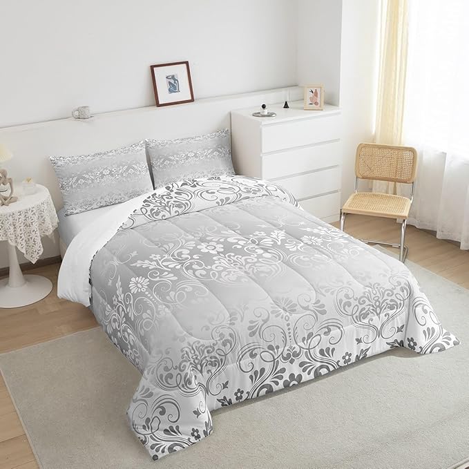 Feelyou Adults Silver Vintage Damask Floral Comforter Set Oriental Antique Comforter Full Size Gothic Bohemia Boho Flower Bedding Set Bohemian Exotic Duvet Set Quilt Set 3Pcs