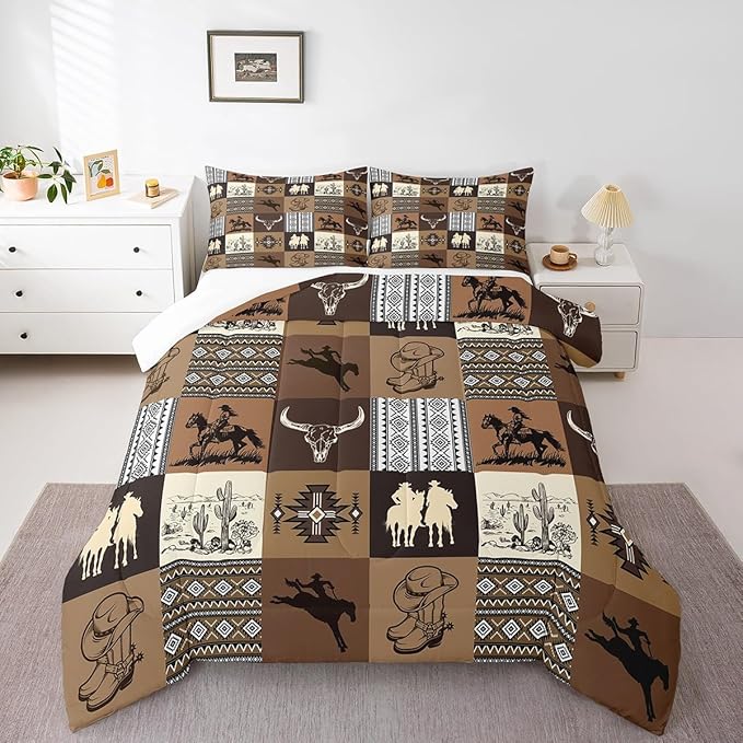 Western Cowboy Bedding Sets Twin Size,Southwest Comforter Set 2Pcs for Kids Boys Girls Men Room Decor,Vintage Aztec Tribal Quilt Set Desert Cactus Cowgirl Print Grid Duvet Insert 2Pcs,Brown