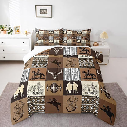 Western Cowboy Bedding Sets Twin Size,Southwest Comforter Set 2Pcs for Kids Boys Girls Men Room Decor,Vintage Aztec Tribal Quilt Set Desert Cactus Cowgirl Print Grid Duvet Insert 2Pcs,Brown