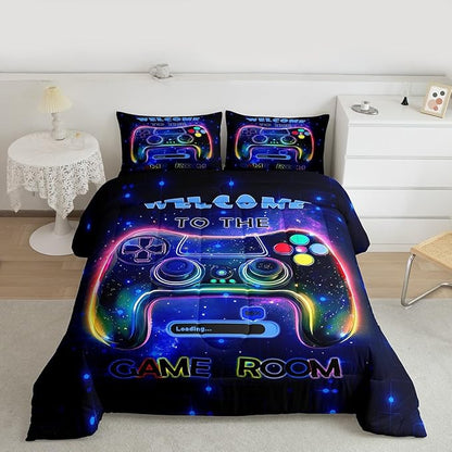 jejeloiu Cool Gamer Bedding Set Full Size for Boys 3D Gaming Comforter Set Kids Teens Bright Blue Duvet Set Modern Game Console Quilt Set 3Pcs
