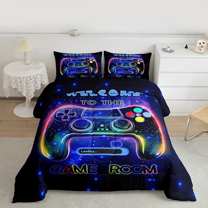 jejeloiu Cool Gamer Bedding Set Twin Size for Boys 3D Gaming Comforter Set Kids Teens Bright Blue Duvet Set Modern Game Console Quilt Set 2Pcs