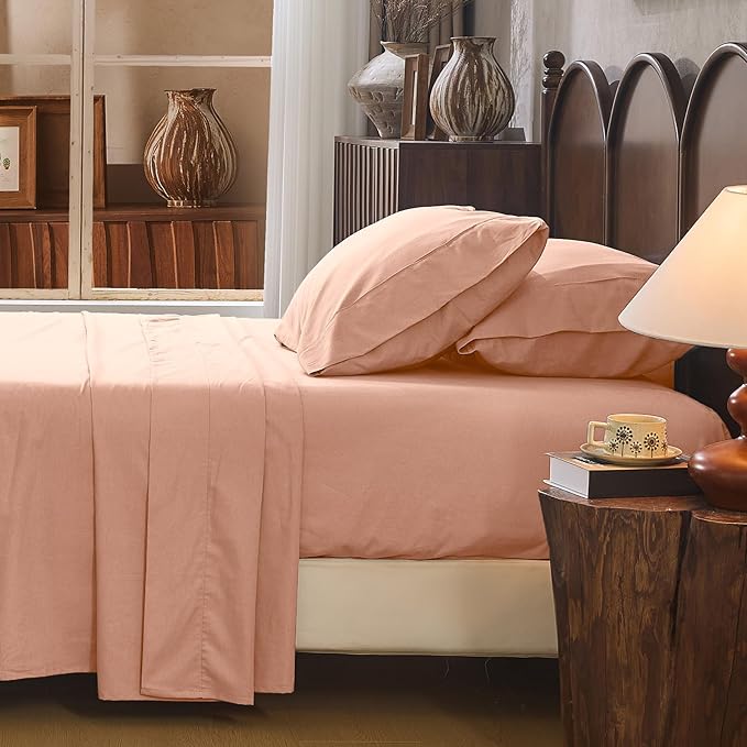 100% Linen Sheet Set King Size Extra Deep Pocket Fits 18-24 Inch Mattress, Breathable & Soft, Smooth 4-Piece Set for Thick Mattresses Hotel Luxury Bedding（King, Light Red）