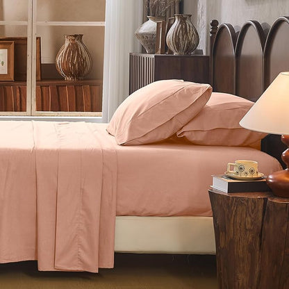 100% Linen Sheet Set King Size Extra Deep Pocket Fits 18-24 Inch Mattress, Breathable & Soft, Smooth 4-Piece Set for Thick Mattresses Hotel Luxury Bedding（King, Light Red）