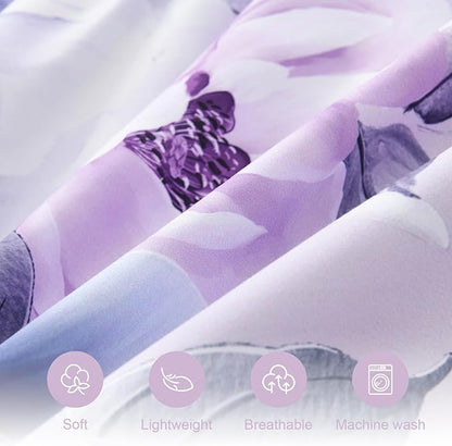 Floral Comforters Queen Size 7 Pieces Botanical Purple Flower Bed in a Bag Ulter Soft Microfiber Bedding Set, Lightweight Bed Comforter Set with Sheets for All Season (Purple, Queen)