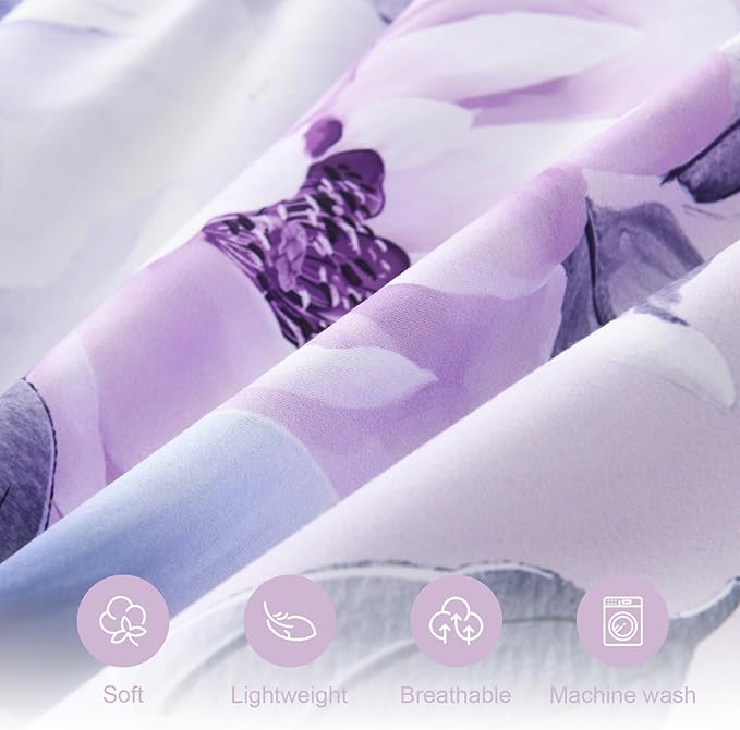 Floral King Size Comforter Set - 7 Piece Botanical Purple Flower Bed in a Bag Ulter Soft Microfiber Bedding Set, Lightweight Bed Comforter Set with Sheets for All Season (Purple, King)