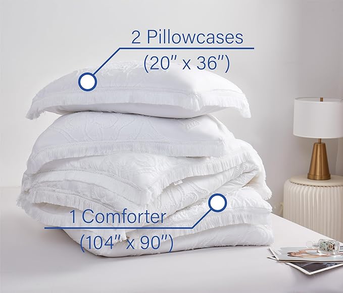 Boho King Size Comforter Set White 3 Pieces Tufted Tassel King Comforter Set Prime Lightweight Down Comforter King Size White Farmhouse Boho Bedding Shabby Chic Fluffy Comforter Bed Set Gift Choice